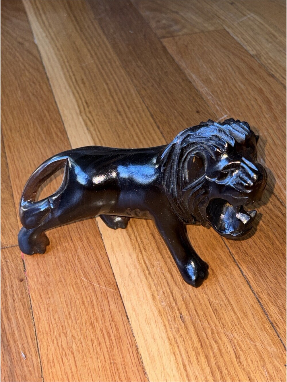 Vintage Hand Carved Solid Wood Lion Sculpture - Solid Dark Hardwood 7”